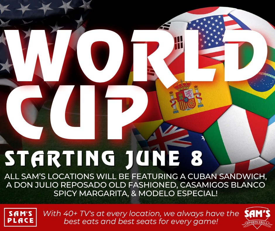 SamsPlaceTN_'s tweet photo. ⚽🌎 The World Cup is almost here, and so are our limited-time features!

Starting June 8:
🥪 Cuban Sandwich
🌶️ Casamigos Blanco Spicy Margarita
🥃 Don Julio Reposado Old Fashioned
🍺 Modelo Especial

Who are you rooting for? ⚽👇

#WorldCup #SamsSportsGrill #SamsPlace https://t.co/UHqoPfc4ay