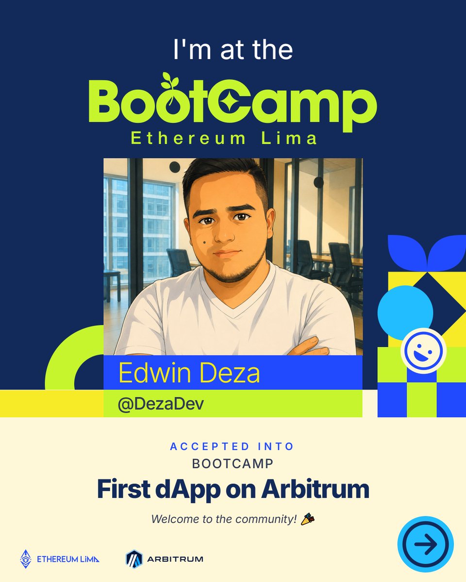_DezaDev_'s tweet photo. ¡Fui aceptado/a en el Bootcamp Ethereum Lima 2026! 

6 semanas aprendiendo blockchain, smart contracts y construcción en Web3 junto a la comunidad de builders en Perú.

Hora de reforzar los conocimientos 👐

#EthereumLima #Arbitrum #Web3 @EtheriumLima Arbitrum https://t.co/mbpzGzHug0