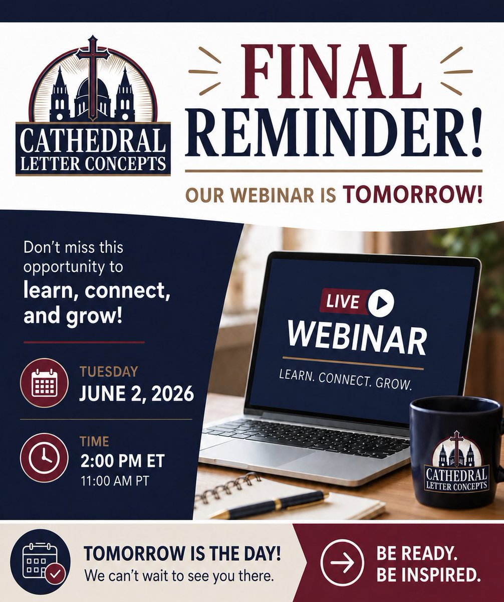 CathedralCorp's tweet photo. ⏰ Final Reminder! ⏰
Our webinar is happening TOMORROW June 2nd @ 2:00 PM ET.

REGISTER HERE:
https://t.co/jgRTdb61d8

Whether you're planning your next appeal, looking to improve response rates, or exploring new ways to engage supporters. You won't want to miss it! https://t.co/oL89Tt5R4h