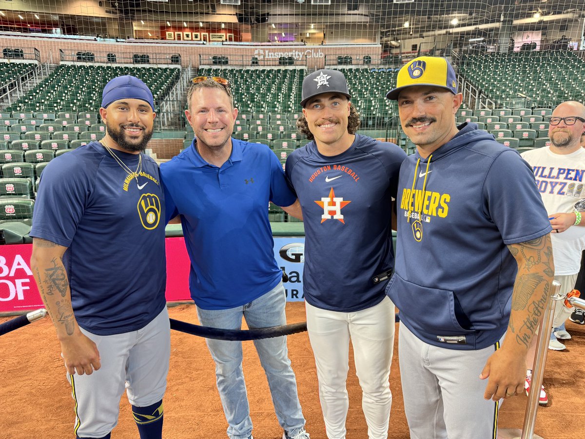 WM_Bonnette's tweet photo. Special moment in Daikin Park for @McNeeseBaseball at the @astros vs @Brewers game. Three former Cowboys on the field. Grant Anderson, Coach Justin Hill, Bryan King, and Jace Peterson… and me. https://t.co/sKwYfG1j8W