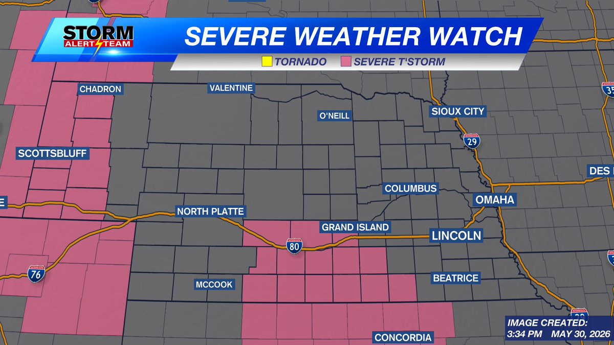 rustywx's tweet photo. A Severe T-storm Watch is in place for south central Nebraska through 10pm Saturday night. Storms will start to move into this area after 5-6pm. If the storms continue to move north and east, more watches may be necessary. The watch in the panhandle continues through 9pm Saturday https://t.co/a0iGt5mQdV