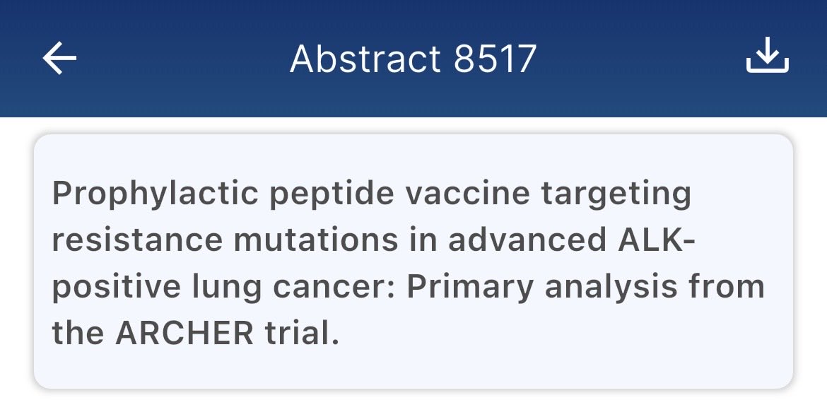 RohitBanwar's tweet photo. One of the conceptually innovative abstracts at #ASCO26:

ARCHER explored a prophylactic peptide vaccine (ALK-Vac) targeting common ALK resistance mutations before progression in ALK+ NSCLC patients benefiting from TKIs.

Key findings:
• 15 pts; most on frontline ALK TKIs
• No grade ≥3 TRAEs
• Vaccine specific T-cell responses in 71%
• Responses observed against G1202R, L1196M, D1203N, E1210K, and I1171 mutations
• Disease control rate: 93% at median 11.5 mo follow-up

What makes this especially intriguing is the strategy itself: proactively targeting predictable resistance biology in a minimal residual disease setting rather than waiting for resistant clones to dominate clinically.

Interestingly, one progressing patient developed KRAS G12D rather than an emergent ALK resistance mutation, raising provocative questions about whether immune pressure could potentially alter evolutionary resistance trajectories.

Very early data, small numbers, and no efficacy conclusions yet, but a fascinating “immune interception” framework that could eventually extend beyond ALK to other oncogene-driven NSCLC subsets.

#LCSM #LungCancer #ALK @asco @KimmelCancerCtr @vincentlamMD