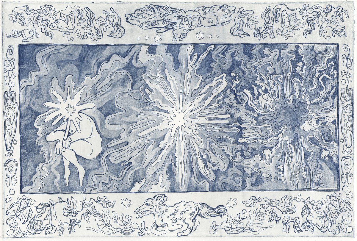 onestellarghost's tweet photo. ✴︎⭒ hydrogen &amp; oxygen: we're all just atoms so watch me go supernova! coyote, barn owl, moths and berries, algae, and a transformation; copperplate etching with hard ground and aquatint ⭒𖹭 https://t.co/ANPhYxBgci