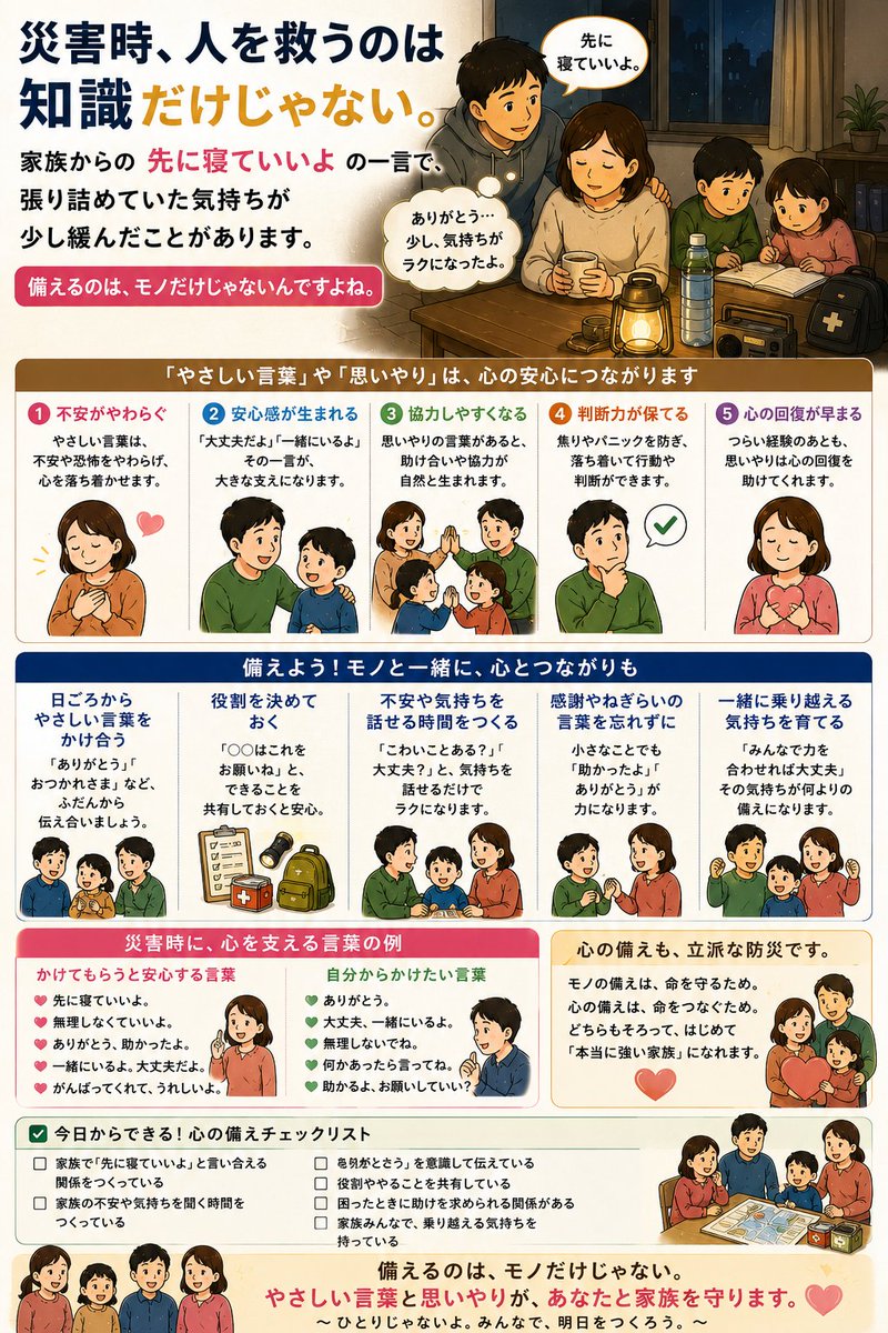 bben00's tweet photo. 災害時、人を救うのは知識だけありません。

家族からの 先に寝ていいよ の一言で、
張り詰めていた気持ちが
少し緩んだことがあります。

備えるのは、モノだけじゃないんですよね。 https://t.co/NOhjeW5aX6