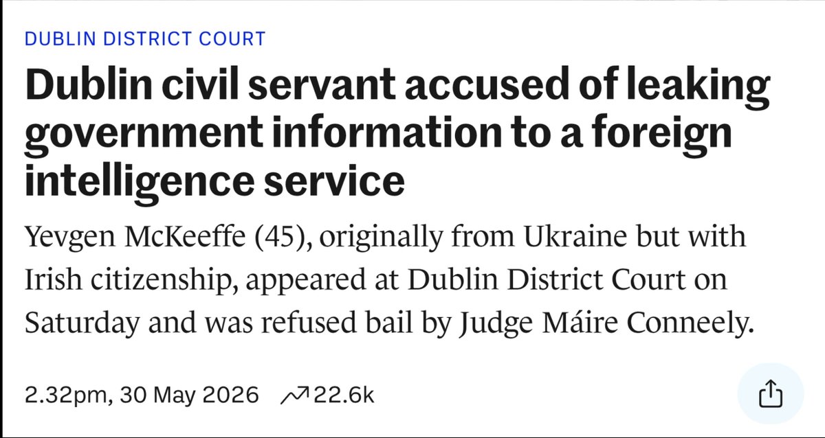 PQuinlanNP's tweet photo. Paper Irish by deed poll, originally from Ukraine, arrested at Dublin Airport (on his way out with a one-way ticket) and accused of leaking confidential Govt data to a foreign intel handler.

While the regime obsess over "far-right" natives, how many more "integrated" insiders have the keys to the kingdom?