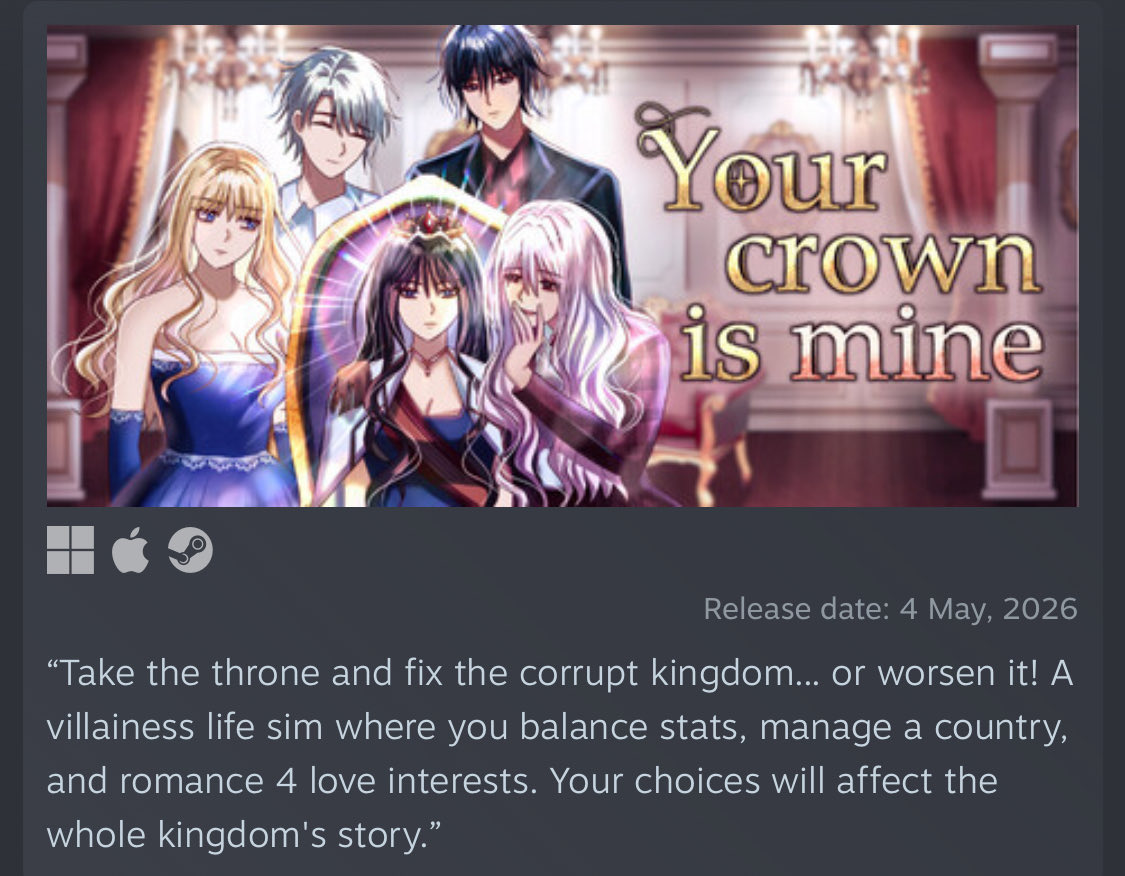 lyyycaena's tweet photo. if you like raising sims like volcano princess &amp; princess maker, try “your crown is mine”

it has yuri &amp; otome romance routes, 15+ endings and you can rule a kingdom as a villainess. out now on steam #screenshotsaturday https://t.co/uVxFKeqsfG