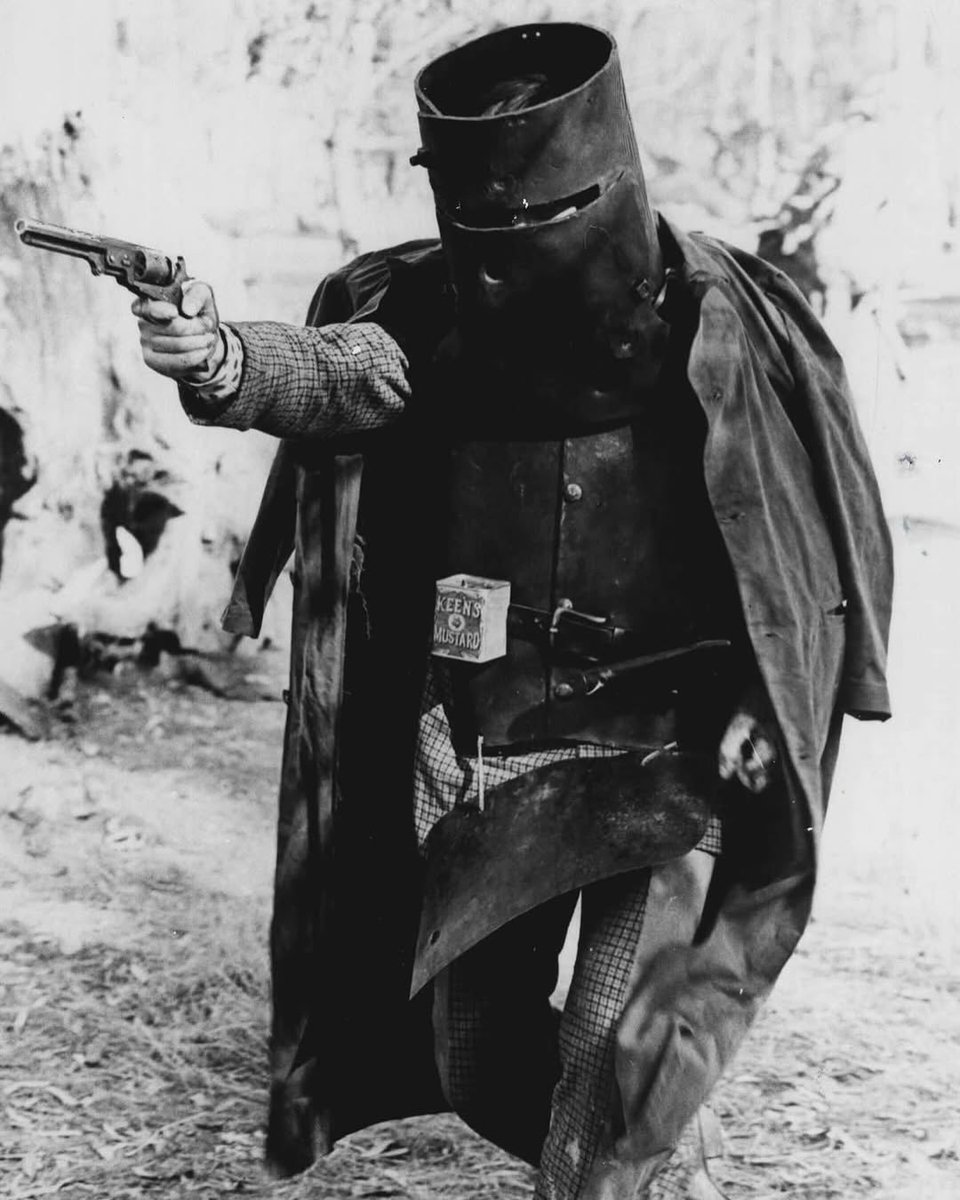 TimothyEveland's tweet photo. Imagine being a policeman in the 1800s and you see this monstrosity of steel.

For their final confrontation with police in 1880, the Australian Kelly Gang made full medieval-style metal suits that were actually decent at stopping bullets. https://t.co/A3qu81eDX5
