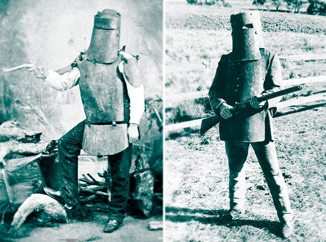 TimothyEveland's tweet photo. Imagine being a policeman in the 1800s and you see this monstrosity of steel.

For their final confrontation with police in 1880, the Australian Kelly Gang made full medieval-style metal suits that were actually decent at stopping bullets. https://t.co/A3qu81eDX5