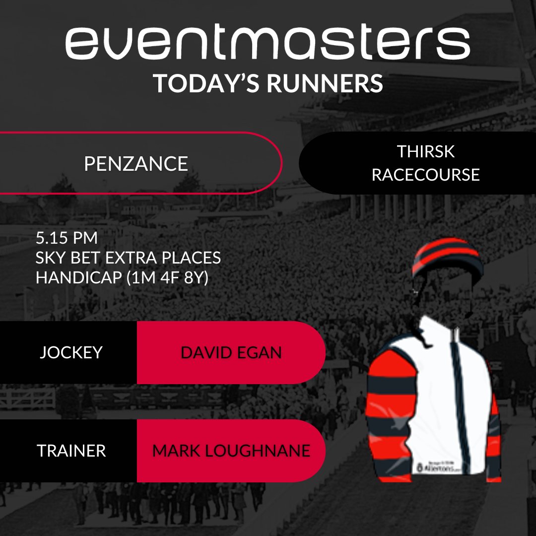 EventmastersUK's tweet photo. 1 runner today in the @SkyBet Sunday Series @ThirskRaces 🏇

After an improved performance to finish second, over a longer trip @LingfieldPark last time out, Penzance looks to go one place better.

@DavidEgan99 is in the saddle today for @dml_racing 
 
#horseracing #flatracing https://t.co/2LsXBzDswW