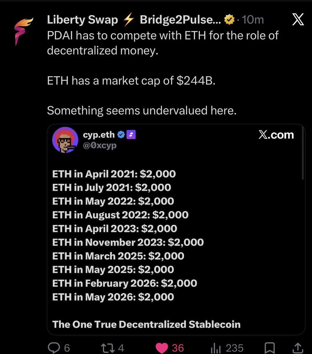 yourfriendSOMMI's tweet photo. ❤️💛💚💙

🗽 PulseChain LibertySwap is making big updates soon.

Lots of pDAI hints.

- Liberty PERPS is coming.
- Liberty LEND is most likely an AAVE style protocol coming

🌉 Many hints dropped about pDAI — because Circle can freeze all stablecoins on the bridge.

LibertySwap stresses the need for a Native Decentralised Stablecoin.

✅ We need a native “sDAI” which is Savings DAI — that is pDAI which auto-acquires yield and can go above $1.00