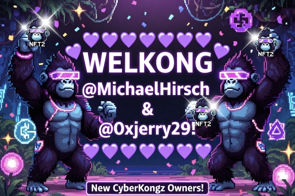 KyleBlohm's tweet photo. Excited to give a huge Welkong to @MichaelHirsch &amp; @0xjerry29 on their new @CyberKongz 💜 !OOH

Happy to have you both with us in WSK https://t.co/h6Jzu1UFjv