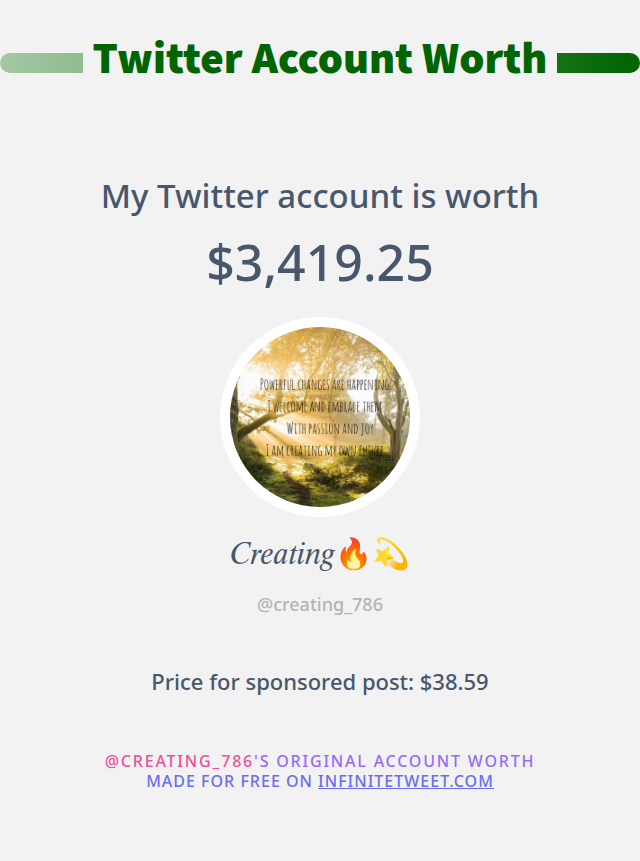 creating_786's tweet photo. My Twitter worth is: $3,419.25

➡️ https://t.co/TUswhwxtVg https://t.co/eEo5kQZLFB