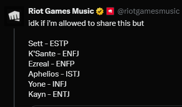 Greysan_'s tweet photo. Here's a thread about one of mine; Both on the personality database and on the Riot Music twitter page, Aphelios is listed as an INTJ. My disagreement is with the third letter of the acronym, that "T." (Thinking)
Aphelios is more of an ISFJ to me https://t.co/G7A2NbFY3a