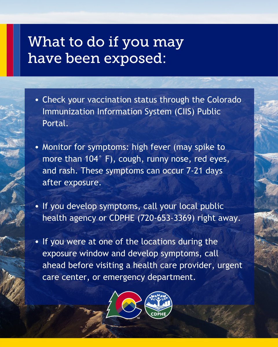 CDPHE's tweet photo. CDPHE and Delta County Public Health have confirmed a case of measles in a Delta County resident and are notifying the public of areas for potential measles exposures. Learn more: https://t.co/NjgEzpWPVk https://t.co/T2KGCiImVA