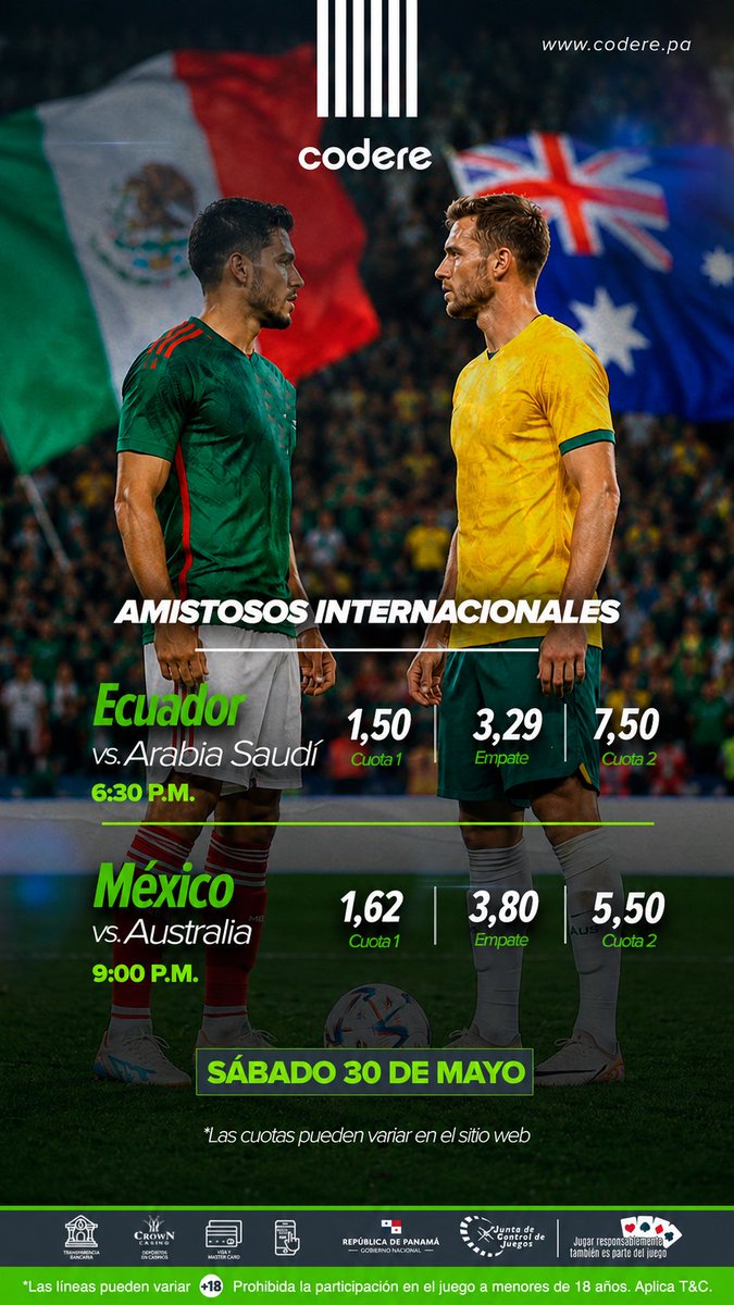 CoderePanama's tweet photo. Sigue la movida de los amistosos y en #CoderePa te traemos las mejores cuotas.

Vívelo como todo un campeón en https://t.co/X2Y2MFvqDH

#AmistososInternacionales #Futbol https://t.co/3wh71hiKnJ
