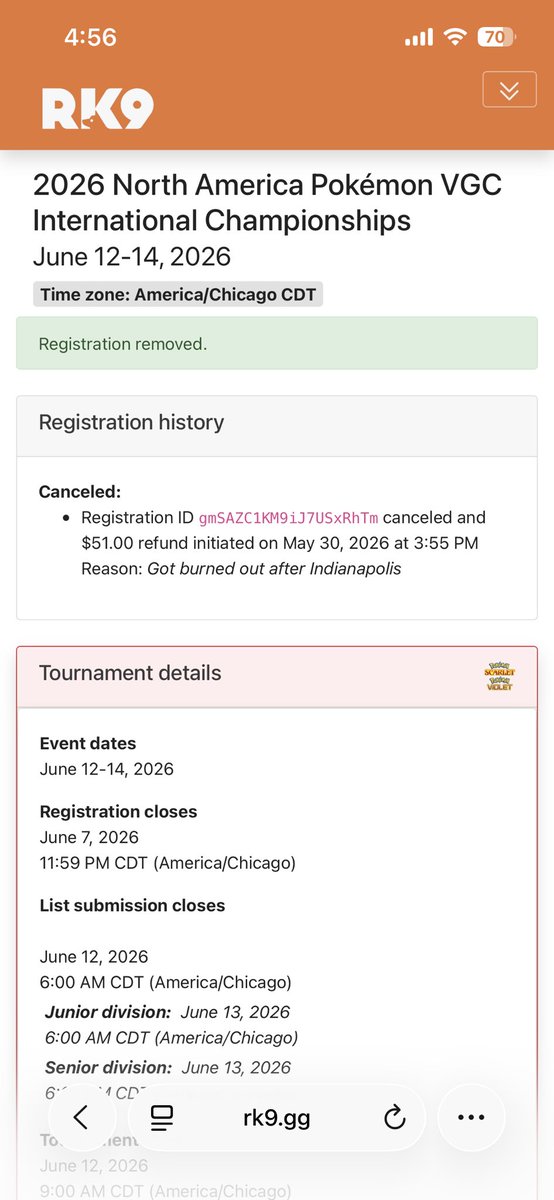 GoCinema96's tweet photo. Decided to cancel my NAIC trip this year  so my 2026 tournament season is over, I really need a long break and think about what went wrong and could I could do better, I am still proud of my accomplishments this season and I still had fun, but man what a brutal end.😔#PokemonVGC https://t.co/SJTpgXkSgH