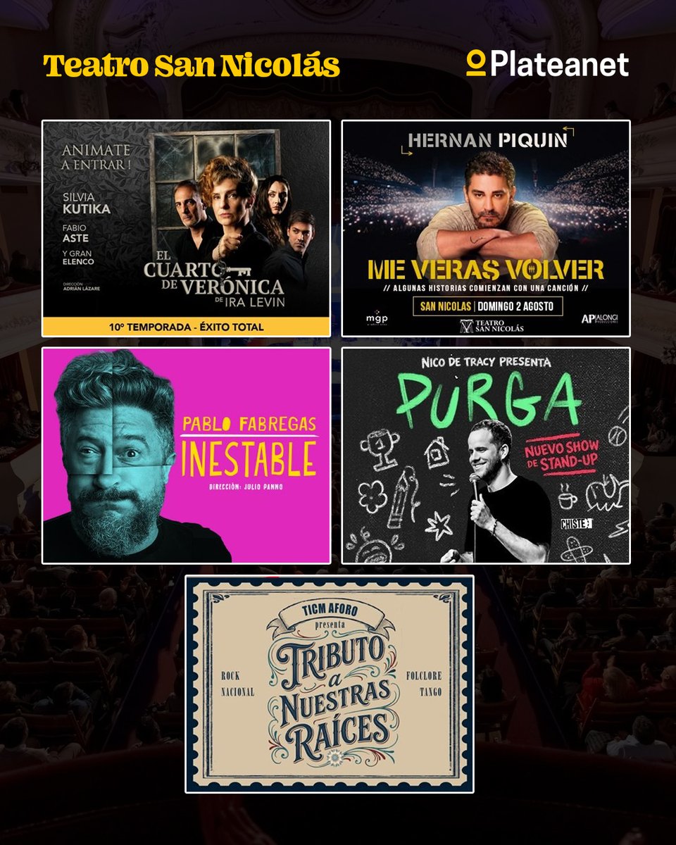 Plateanet's tweet photo. ✨Un espacio único para disfrutar mucho talento y grandes actuaciones te esperan en cada función en el Teatro San Nicolás.

¿Cuál fue la última obra que viste acá? 📱

👉 Mirá la cartelera completa en historias destacadas.
🎟️ Conseguí tus entradas acá https://t.co/4DpQGdtpqo https://t.co/fu79uteeeI