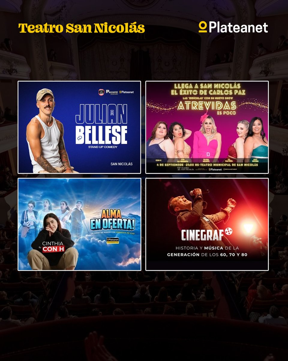 Plateanet's tweet photo. ✨Un espacio único para disfrutar mucho talento y grandes actuaciones te esperan en cada función en el Teatro San Nicolás.

¿Cuál fue la última obra que viste acá? 📱

👉 Mirá la cartelera completa en historias destacadas.
🎟️ Conseguí tus entradas acá https://t.co/4DpQGdtpqo https://t.co/fu79uteeeI