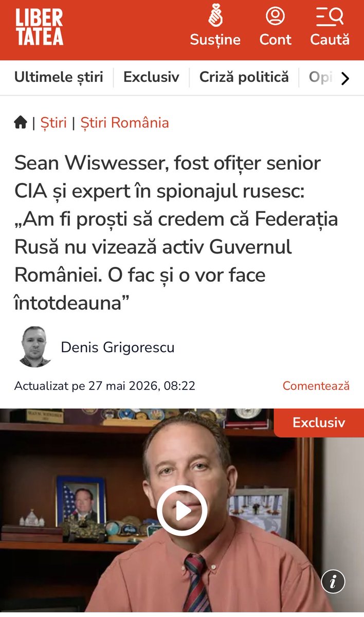 Wiswesser's tweet photo. 🔥While I was in a Russian-troll created blackout…Romania got hit by a Russian drone, NATO citizens again put at risk… what will be our response?

🇷🇴My interview with Romanian news LIBERTATEA gained over 50K views and reads in less than a week! They are keen on the Russia threat, they see it in their headlines!…

🚨In Eastern Europe the fight against Russian aggression and malign influence is tougher than ever for our NATO allies. 

👇Below is link to an interview with Denis Grigorescu with LIBERTATEA, one of Romania's largest news services and papers, thus helping counter the Russian Intelligence services (RIS) and their narrative.

✅Here are a few excerpts of my quotes from discussions:

👉On NATO and the threat from Russia: "I think (hybrid war) is an unprecedented challenge for NATO and our allies, because as democracies, we don't think the same as them, the (RIS). They are not constrained by laws. There is no constitutional democracy in Russia. They do what they want, as long as their great leader agrees. 

⚠️And now, more than ever, the Russian intelligence services are increasingly reckless, intensifying their aggression against Europe because of the war in Ukraine."

👉On the use of proxies or so-called "one-time agents" by the FSB/GRU: "The RIS are increasingly targeting the marginalized in society…dissatisfied, angry teenagers (for whatever reason) ...And the Russians take advantage of that, offering them money to go and take, at first, a photo of a railway line, telling them that they will pay them $1,000.
   Then the Russians will ask for more. They'll say, "Well, you took a picture. Now we're going to give you a device, we just want you to leave it there." …a trap, for those who don't really know what they're getting into, and it's quite effective. 

☢️In the case of real intermediaries, organized crime and intelligence services, the Russians have been doing this for decades, since the Cold War. It is not something new. 

⚠️"But I want to make a distinction when it comes to really important cases, infiltrations in NATO and in our governments; They know how to conduct professional intelligence operations. They remain formidable adversaries who know how to run penetrations of governments, for instance, with the best tradecraft."

✅Finally, on why we are still winning and will win!:
     "Smart Russian intelligence officers are fed up. They don't want to have anything to do with it. They want a better life for their children. They want a better life for their families and for themselves. And so, this message will always resonate in the West. We can give them a better life. Democracies work. 
     We know that, within their services, the message resonates. We know that there will always be Russian intelligence officers willing to work with us and cooperate with the West. So this is our greatest strength."

👏For more, click on below link and hit Google or other translate!

https://t.co/q3Iuys10Qf

Thank you to Denis and LIBERTATEA.

#Russia #Romania #NATO #RussianWar #HybridWar #UkraineWar #GrayZone 

🚨Link to my book (see why gaining intern attention where it matters!):
https://t.co/JY6dzXAFSi