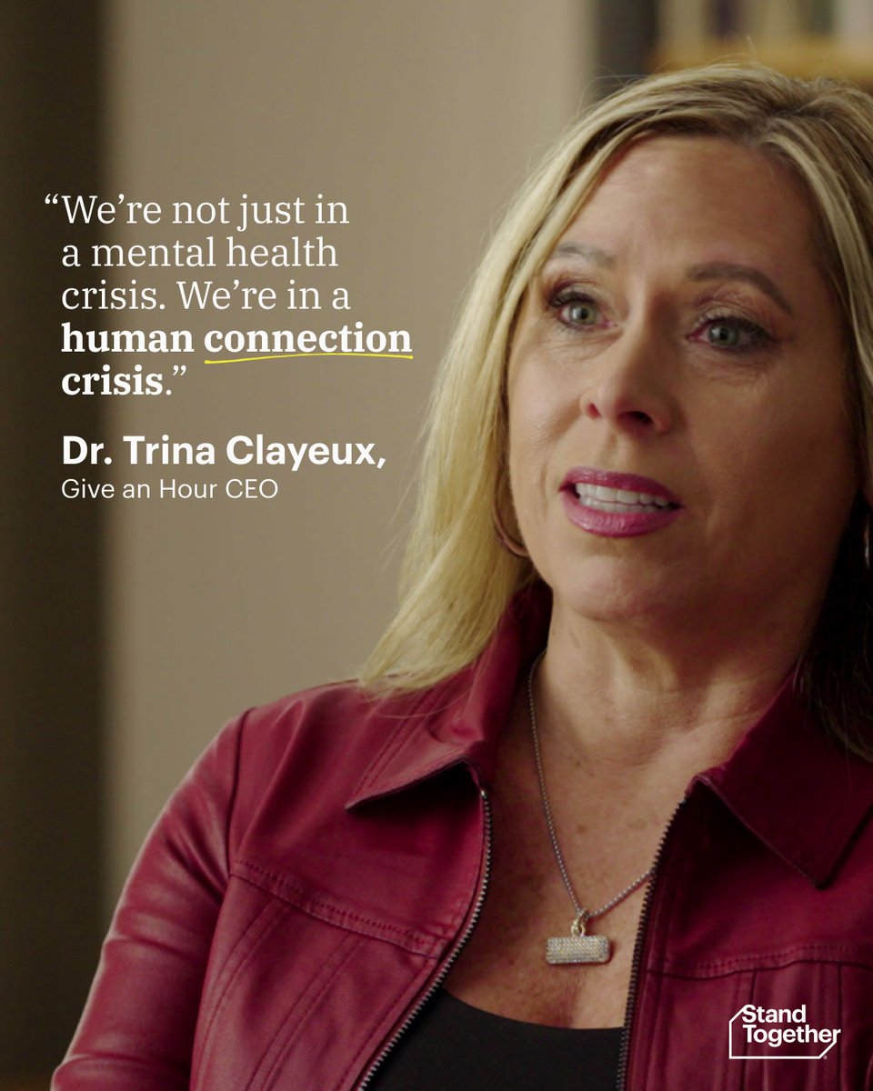 StandTogether's tweet photo. Dr. Trina Clayeux has spent years watching the mental health system struggle to keep up. Her diagnosis: the shortage of therapists isn't the whole problem. The deficit of human connection is. @giveanhour is training everyday people to close that gap, seven minutes at a time. Learn more https://t.co/KmmfA15kUd  #MentalHealthAwarenessMonth