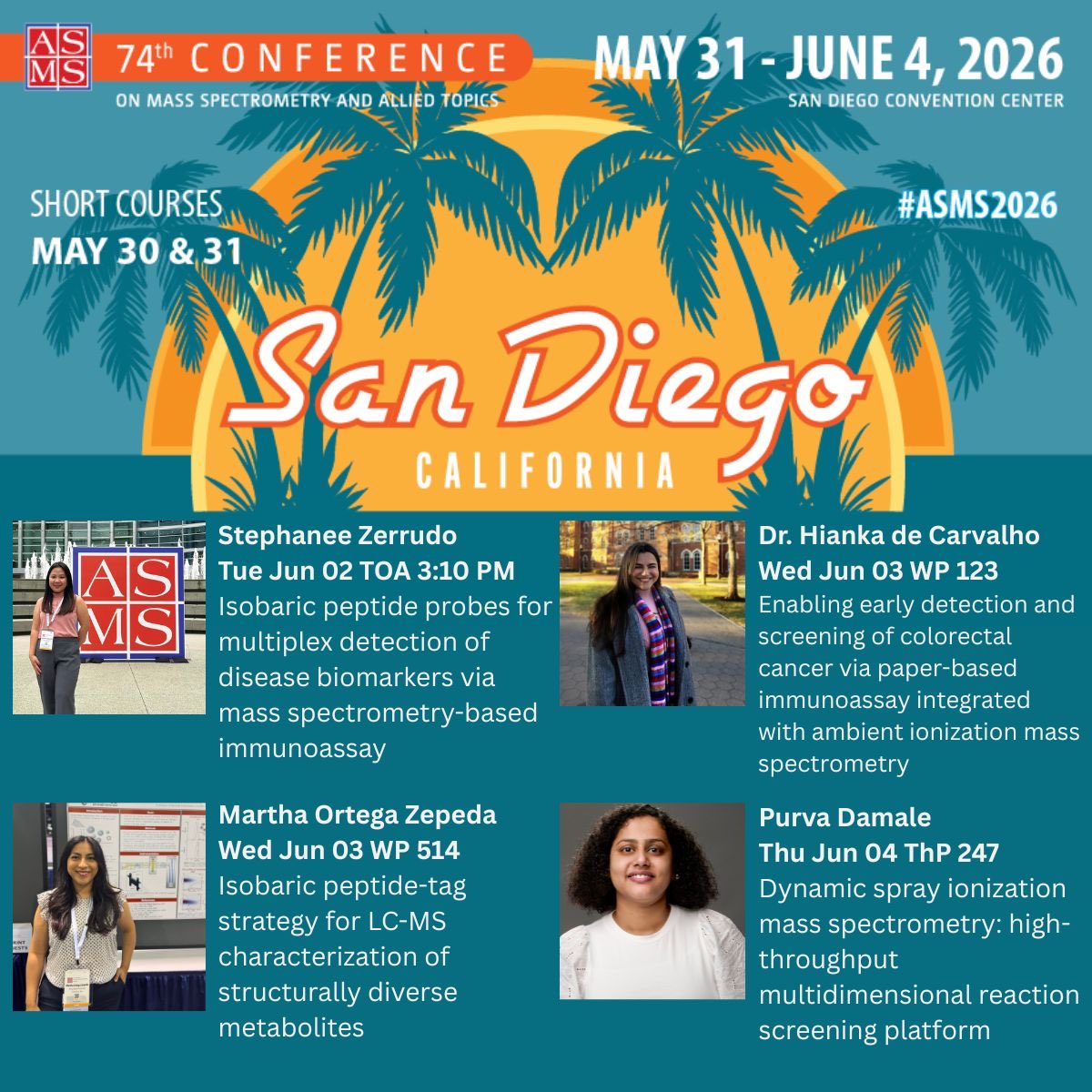 BaduGroup's tweet photo. We’re excited to present our latest research at #ASMS2026!

Steph, Hianka, Martha, and Purva will share their work in multiplexed MS-based immunoassays, metabolomics, and high-throughput reaction screening. Looking forward to connecting with the MS community in SD! https://t.co/vGqj6gZ1oQ