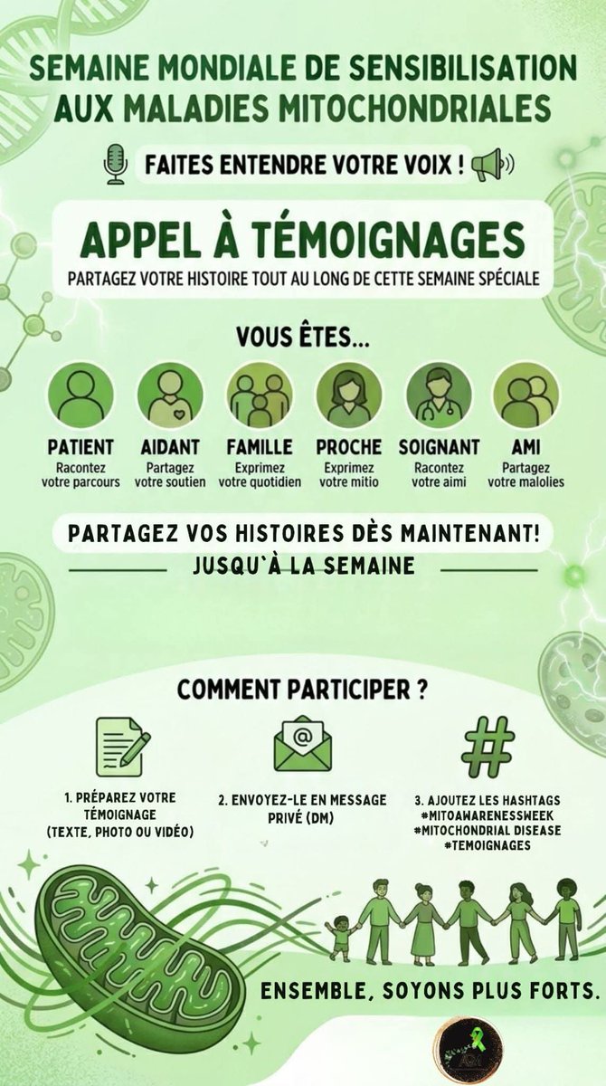 AgmAssociation's tweet photo. Faites entendre votre voix ! 📢

​À l'occasion de la Semaine mondiale de sensibilisation aux maladies mitochondriales, nous mettons en lumière ceux qui se battent au quotidien.

​Que vous soyez patient, aidant, proche, membre de la famille ou soignant, votre histoire est unique https://t.co/1jWEcw7EGz