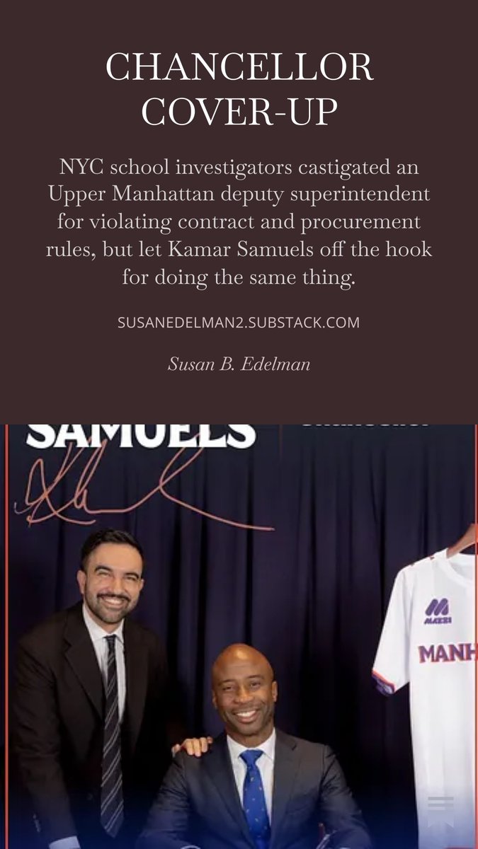 SusanBEdelman's tweet photo. NEW:  Kamar Samuels got a free pass from city school investigators who blasted his former deputy superintendent for violating DOE procurement rules — but failed to reveal that Samuels engaged in the same alleged misconduct.
A flawed report by @NYC_SCI, the agency charged with exposing fraud and corruption in city schools, left Samuels untainted in the months before @NYCMayor appointed him chancellor.
https://t.co/E2wOk9v93R