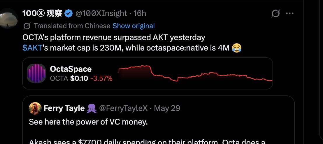BecauseYrBored's tweet photo. " $OCTA is 52x cheaper than $AKT!"

These morons [@100XInsight  x @FerryTayleX ]  are pumping a coin without reading the damn white-paper..

Page 5: "The gateways' API is private and not accessible." 

The "revenue" chart? Pulled from https://t.co/XiCINmhlVn -->  their team's internal BI tool. 
 
I checked the auth config: no Google SSO, no LDAP, no SAML, no self-signup. 

Metabase by design has no public registration --> accounts only exist if an admin manually creates one.

So our Boxo  either has an account the OctaSpace team handed him, or the team handed him the screenshot.
 
There is no third option.

DUUUHHHRRR.