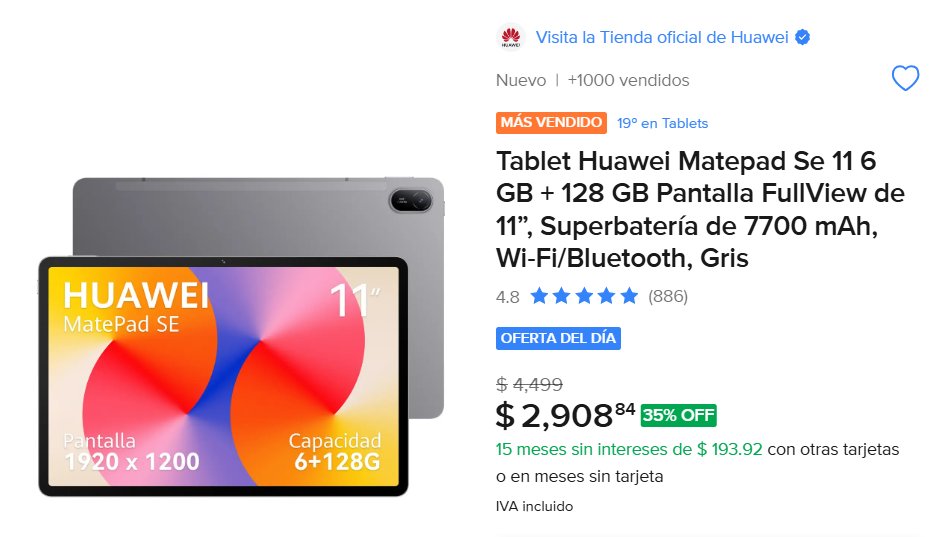 ERRORDEPRECIO's tweet photo. 🚨 OFERTA IMPERDIBLE DE HOT SALE 🚨

Si buscas una tablet buena, bonita y barata para estudiar, ver series o trabajar, esta Huawei MatePad SE de 11" bajó a precio de liquidación en Mercado Libre. 

Ojo a los componentes: viene equipada con 6 GB de RAM (rarísimo por este costo) y 128 GB de memoria. Además, tiene una súper batería de 7700 mAh y pantalla FullView fluida. Ideal si quieres excelente rendimiento sin gastar una fortuna. 👇

❌ Precio regular: $4,499
⚡ Hoy a solo: $2,908

🛒 Consigue la tuya antes de que se agote el stock: https://t.co/llwXHSxc1a