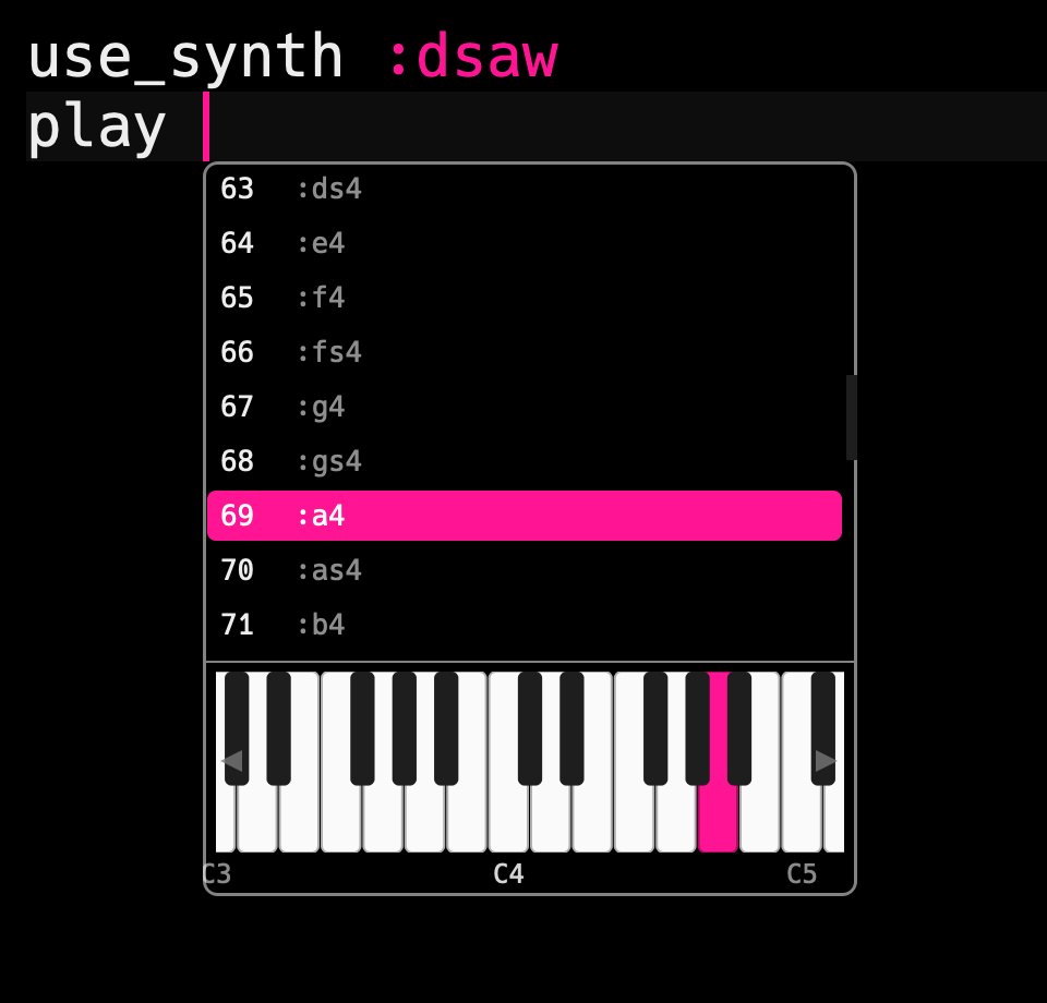 samaaron's tweet photo. Experimenting with new autocomplete ideas for @Sonic_Pi. 

Patreon supporters will be able to get their hands on an exclusive pre-release very soon. https://t.co/HcyGgXPy3i