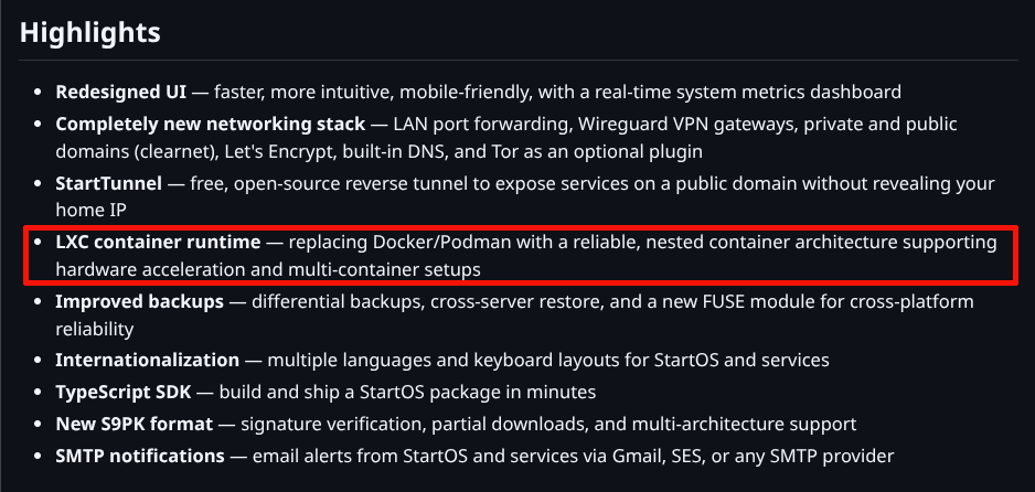 mvidallopez's tweet photo. Por lo que veo la nueva versión de @start9labs  (refactorizada) ha abandonado docker y se basa ahora en LXC, con su propio orquestador (en lugar de incus o lxd), más simple, fiable, seguro y con aceleración hardware! Hay más mejoras pero solo esta ya justifica su uso entusiasta! https://t.co/q73DfDbeFI
