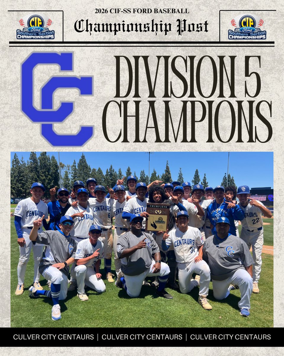 CIFSS's tweet photo. 🚨 HOT OFF THE PRESS 🗞️ 

Introducing your 2026 CIF-SS @SoCaliFord Division 5 Baseball Champions the Culver City Centaurs! ⚾️

#CIFSSBaseball https://t.co/ApykHSVfzE