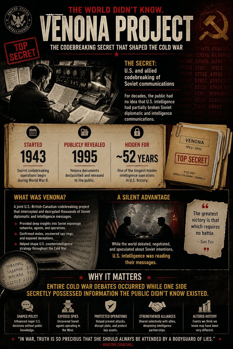 Cipherracket's tweet photo. Venona Project
- The codebreaking secret that shaped the Cold War

- Started in 1943
- Publicly revealed in 1995
- Hidden for 52 years

#VenonaProject #venona #project #secret #codebreaking #hidden #coldwar #WelcometotheCipherracket #Cipherracket https://t.co/nf44hhF6p0