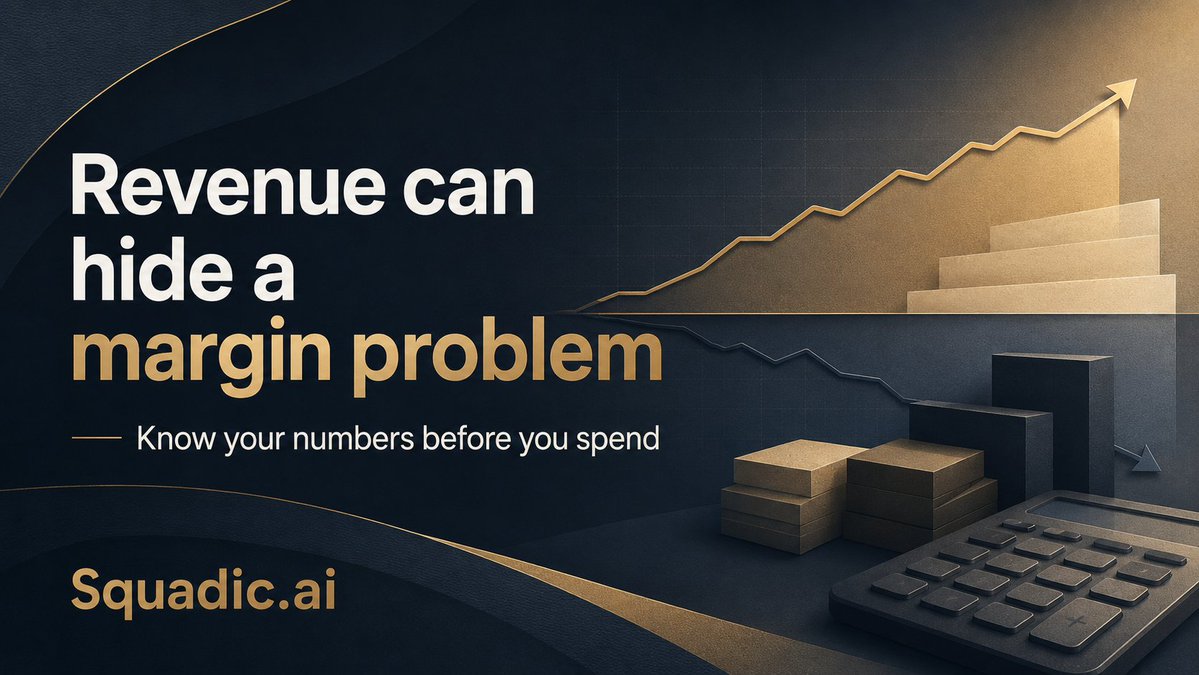 squadicai's tweet photo. Revenue growth can hide a margin problem. 📉📈

That is one of the biggest finance mistakes founders make in a volatile cost environment. 💸

When input costs rise,
payments arrive later,
and discounts are used without a proper model,
the business can look busy while profit quality gets worse. 📉

That is why pricing is not a marketing decision alone.
It is a finance decision. 🧮

A useful founder check:

Which product or service actually carries your margin? 🏷️
Where are costs rising faster than price? 🚀
Which offers create volume but weaken profitability? 📉
What happens to profit if costs move again next month? 🗓️

Strong businesses do not just track money in and money out. 💰
They connect cash, cost, margin, and reporting before making the next move. 🔄

That is where finance automation becomes practical.
Not hype. 🙅‍♂️
Not another dashboard. 📊

Just clearer numbers,
faster scenarios,
and better decisions before you spend, hire, discount, or invest. 🛠️

https://t.co/Rab9RWbdy2 is built for that flow:
Money -> Calculations -> Reports -> decisions based on numbers. 🧠

Know your numbers before you spend.
Try it free today. 🚀

#SquadicAI #BusinessFinance #CashFlow #Margin #Profitability #PricingStrategy #FinancialDiscipline #Fintech #AIFintech #Forecasting #FounderMode