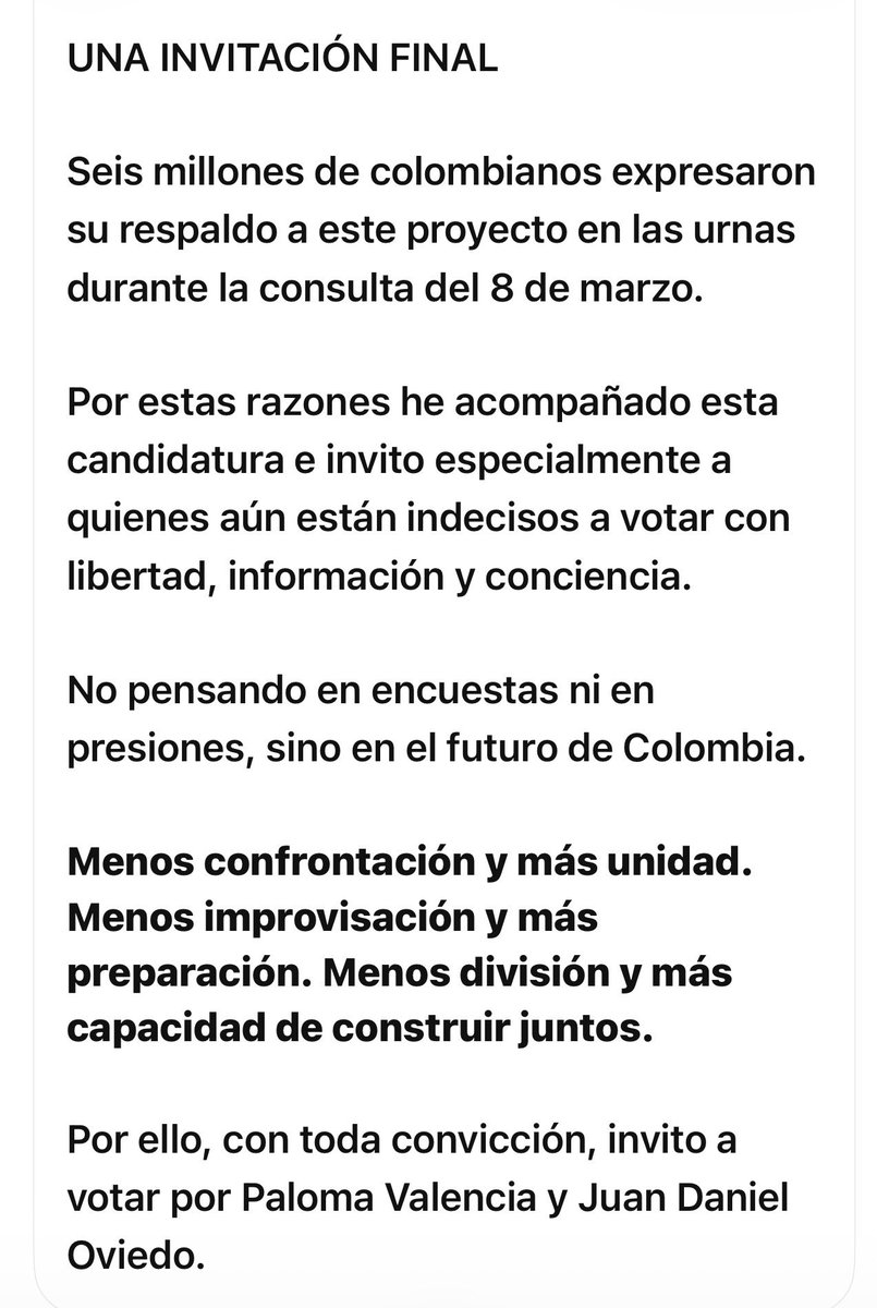anibalgaviria's tweet photo. INVITO A VOTAR POR PALOMA Y OVIEDO.  NO A LOS EXTREMISMOS SI A LA UNIDAD. https://t.co/A7SBxicRuL