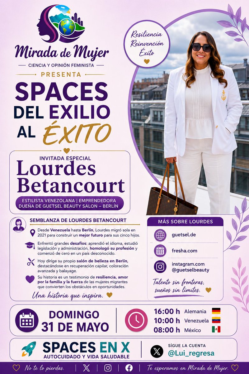 lui_regresa's tweet photo. Mañana no te pierdas este Spaces de Mirada de Mujer donde tendremos como Invitada a una de las más famosas estilistas de Berlín. ¿Y saben qué? ¡Es Venezolana!

Es una de las mujeres que más me inspiran, por eso mañana conversaremos con ella.

No te la pierdas!

Configura un recordatorio aquí 👇https://t.co/Q9UXZHJBrE