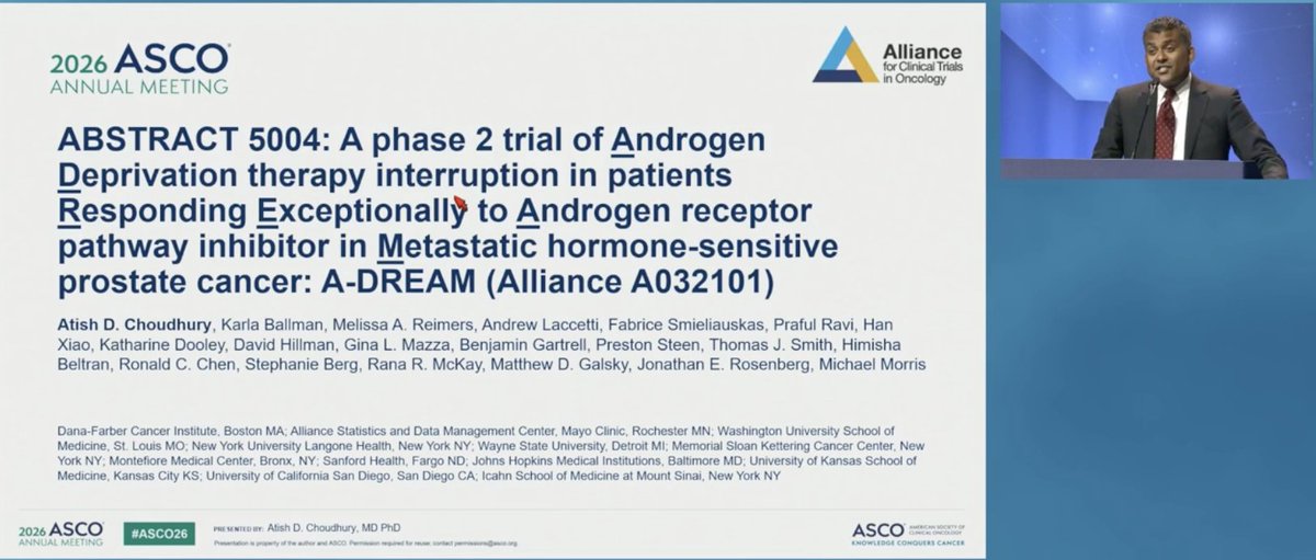 katy_beckermann's tweet photo. A-DREAM asked a question patients actually care about: can favorable responders to ADT + ARPI safely take a break?

Single-arm phase 2 (Alliance A032101) in mHSPC. Eligible men had PSA <0.2 and suppressed testosterone after roughly 18 to 24 months on ADT + ARPI, then interrupted treatment.

Primary endpoint met: 
🎯 41% (32/78) treatment-free with testosterone recovery at 18 mo (80% CI 33.5 to 48.9%, one-sided p=0.0249) 
📊 67% (52/78) recovered eugonadal testosterone 
📊 58% (45/78) remained treatment-free at 18 mo 
📊 Median 24.5 mo off treatment, and 38.5% still off at 26.9 mo median follow-up

🔍 Low-volume disease and prior radiation to metastases predicted lower likelihood of needing to restart. Selection matters: these were patients and clinicians motivated to interrupt. 

 Defining the optimal intermittent strategy is the next question. Biomarker and PRO analyses pending.
Nicely done.
@AtishChoudhury #ProstateCA #mHSPC #GUonc #ASCO26