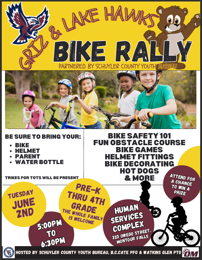 om_schools's tweet photo. 🚴‍♀️ Join us for the Grizzly &amp; Lake Hawks Bike Rally on June 2 from 5–6:30 PM at the Human Services Complex in Montour Falls!

Pre-K–4 students and families can enjoy bike safety activities, games, prizes, hot dogs, and more. 🚲🐻 https://t.co/mwkoG8zNFP