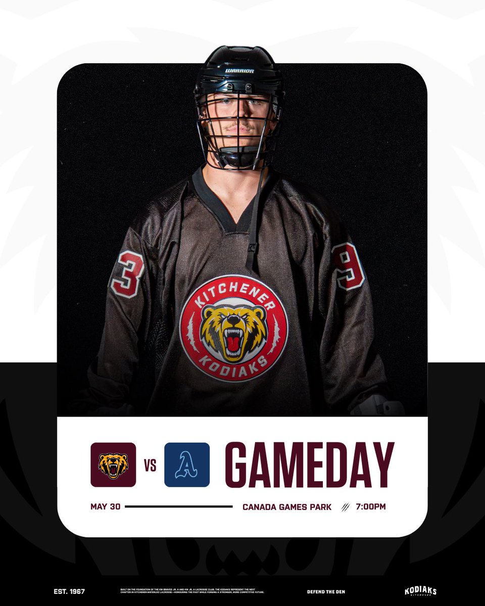 KodiaksJrA's tweet photo. Time to bounce back. 🐻

The Kitchener Kodiaks are back in action tonight on the road against St. Catharines.

📍 Canada Games Park
🕖 7:00 PM

A big opportunity to respond and get back in the win column.

#DefendTheDen #KitchenerKodiaks #KodiaksLacrosse #OJLL https://t.co/gD5Ugnjokd