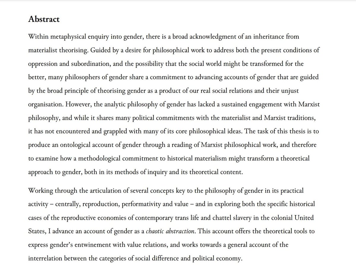 regresssion's tweet photo. for anyone interested lol: my thesis is about trying to figure out a metaphysics of gender - what kind of thing it is, how it works - from marxist work on value and social difference https://t.co/Dg4shk7k6C