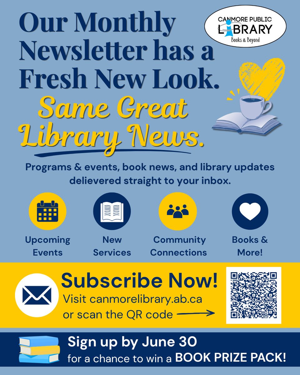 CanmoreLibrary's tweet photo. ✨ Our newsletter has a fresh new look! 📚
Subscribe for Library news, events, staff picks, reading recommendations &amp; more — delivered monthly to your inbox.
PLUS: Subscribe by June 30 for a chance to win a book prize pack! 🤩
📧 https://t.co/6P1y8B3qpm
#CanmorePublicLibrary https://t.co/BfTKttbfWP