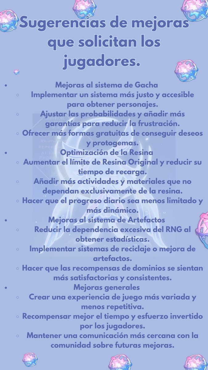 MareaKuuhvaki's tweet photo. Invitamos a nuestra comunidad a apoyarnos en esta nueva oleada del movimiento para una mejora dentro del juego, para hacerlo, es importante mandar correos masivos con las mejoras que buscamos.

Para enviar el correo:

1.- Adjunta las imágenes o documentos que quieras enviar.
(Dejamos abajo algunas )
 2.- Marca el correo como Importante o Alta prioridad.

 3.- Usa un asunto simple y claro.

4.- No copies y pegues exactamente el mismo mensaje que todo el mundo. Cambia algunas palabras y escribe tu opinión con tus propias ideas.

⚠️ No escribas todo en MAYÚSCULAS.

 ⚠️ No llenes el asunto de símbolos, emojis o signos de exclamación.

 ⚠️ No insultes ni amenaces.

Mientras más natural y personal parezcan los correos correo, menos probabilidades tendrá de terminar en la carpeta de spam.

Tómate dos minutos para hacerlo bien. Un correo leído vale más que diez correos ignorados. 

Pueden inspirarse en las imágenes compartidas para redactar sus correos o solicitar los textos base con nuestras propuestas de mejora.
Si no dominan otro idioma, les recomendamos traducir su mensaje al inglés o chino antes de enviarlo

#GenshinImpact
#GenshinDeservesBetter
#GlobalPlayersMatter
#ListenYourPlayers