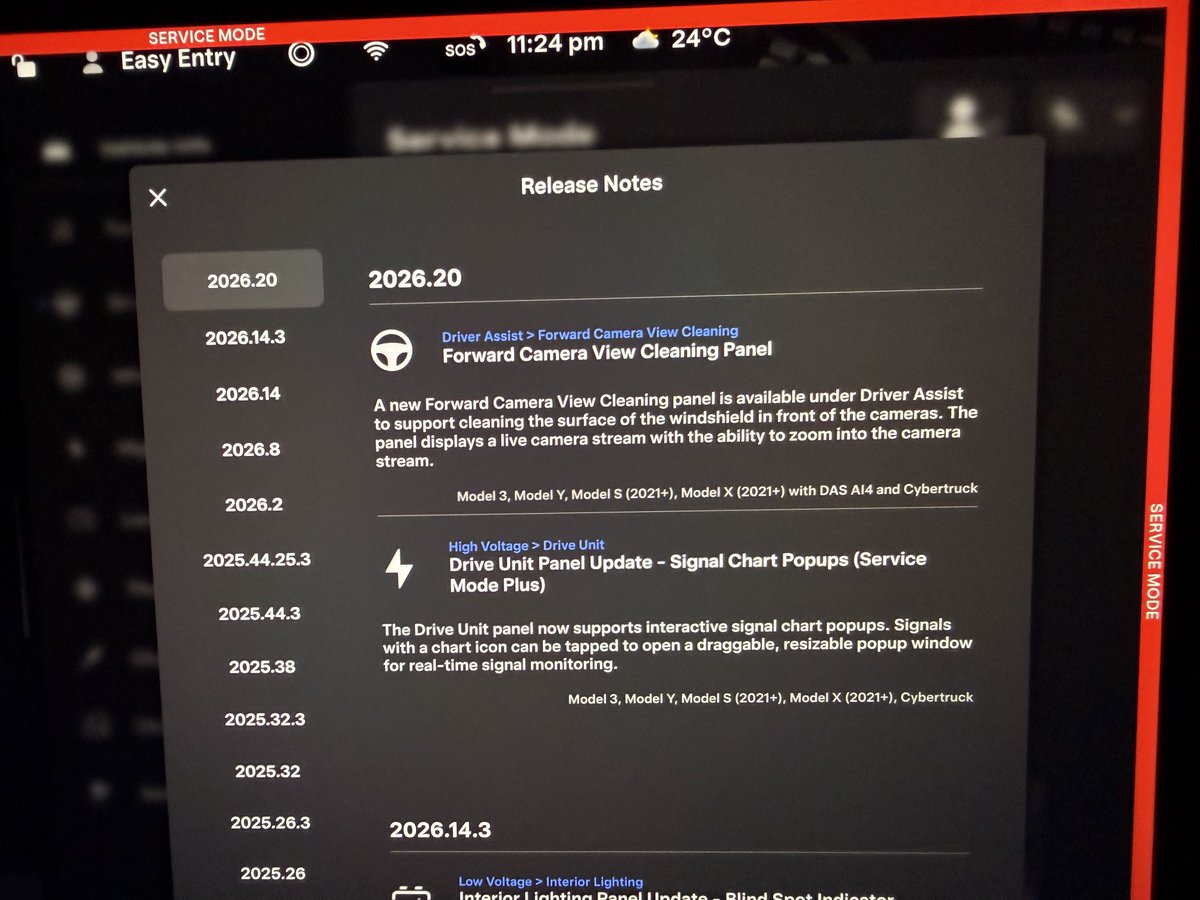 maxbrco's tweet photo. We also got some new Service Mode Improvements, including a Forward Camera View Cleaning Panel https://t.co/OdzGhCLNKJ