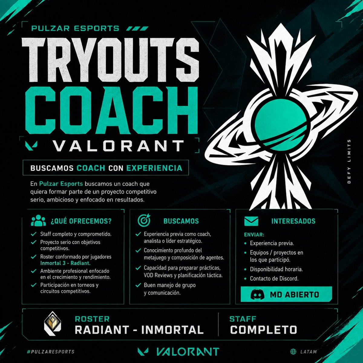 LeoShuOumaGCrow's tweet photo. Pulzar Esports busca Coach competitivo.

Contamos con roster Radiant e Inmortal, staff activo y una estructura enfocada en resultados.

Buscamos un coach con experiencia en equipos competitivos, capacidad de análisis, preparación estratégica.

📩 Discord abierto | LATAM | https://t.co/TcjTooUQao