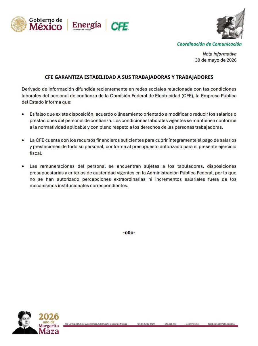CFEmx's tweet photo. @mario_dico50 #CFEInforma

CFE garantiza estabilidad a sus trabajadoras y trabajadores. https://t.co/Siw9BLjySI