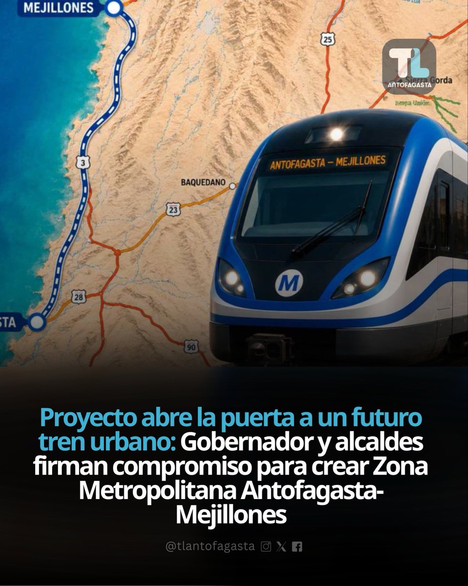 TLAntofagasta's tweet photo. #Región | Gobernador y alcaldes firman compromiso para crear Zona Metropolitana Antofagasta-Mejillones: proyecto abre la puerta a un futuro tren urbano

La iniciativa busca abordar de manera conjunta desafíos de conectividad, transporte e infraestructura entre ambas comunas. El acuerdo político fue suscrito por Ricardo Díaz, Sacha Razmilic y Marcelino Carvajal durante la Cuenta Pública del Gobierno Regional.

https://t.co/sypDZ7nML0