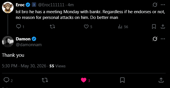 onchainsasuke's tweet photo. 0x7ff2b3a09755fb38bc8334c2c05173f75fd4dba3

meeting with bankr on monday seems pretty bullish, im sure theyll come to some agreement / negotiation https://t.co/lo9QJbgbi4