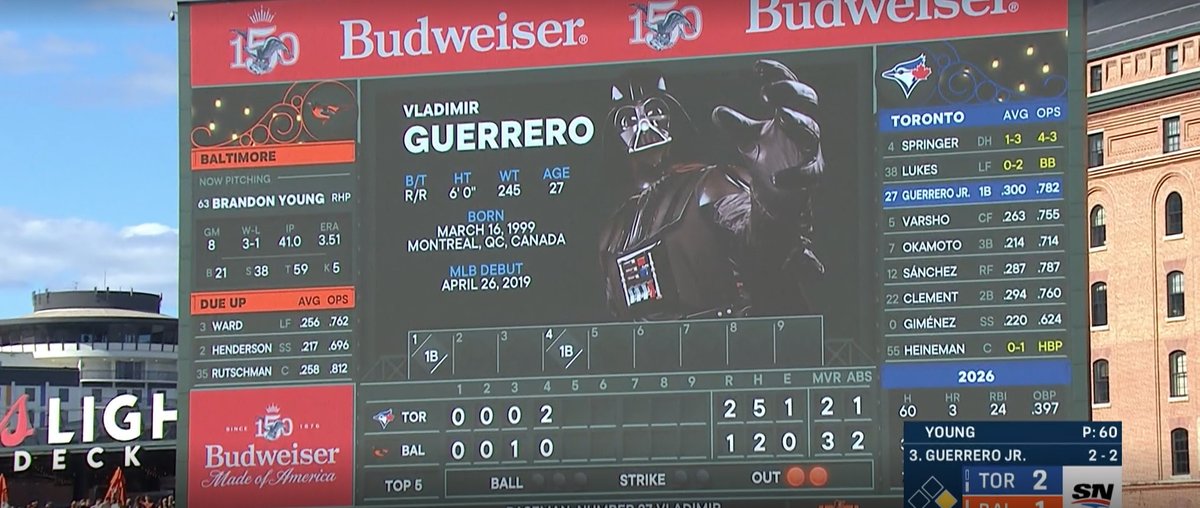 VintScoreboards's tweet photo. It's "Star Wars Day" at Camden Yards in Baltimore. The Orioles depicted Toronto's Vladimir Guerrero Jr. as Darth Vader... https://t.co/nnSaK8CB6i