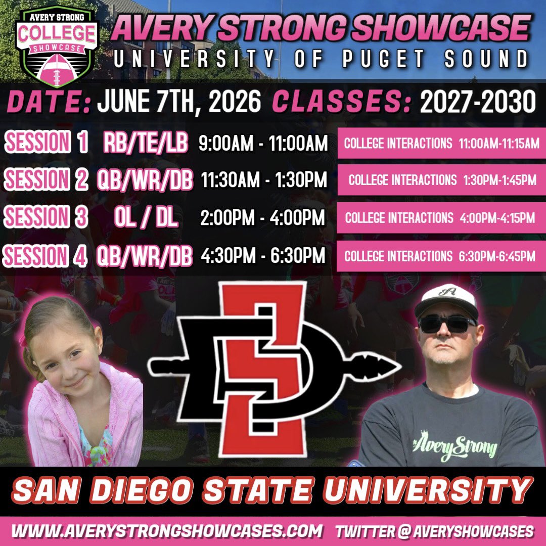 AveryShowcases's tweet photo. Excited to Announce San Diego State University will be Attending The 2026 @AveryShowcases on Sunday, June 7th🔥🏈📈

Can’t Wait To See Athletes From All Around The Country Competing On The Big Stage ‼️

8 Days Until Go Time 🍿👀⏳ 

https://t.co/pA4slI03E2 https://t.co/QVEldVh6Ur