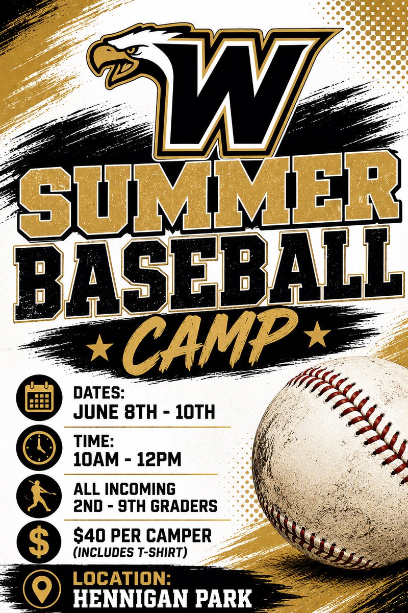 WDVLBaseball's tweet photo. Baseball camp is right around the corner! You can use this link to sign up! We look forward to seeing you!

https://t.co/3tfhK4tn0G

@TheVilleEagles @Heath_Clawson https://t.co/NQmyfefX11